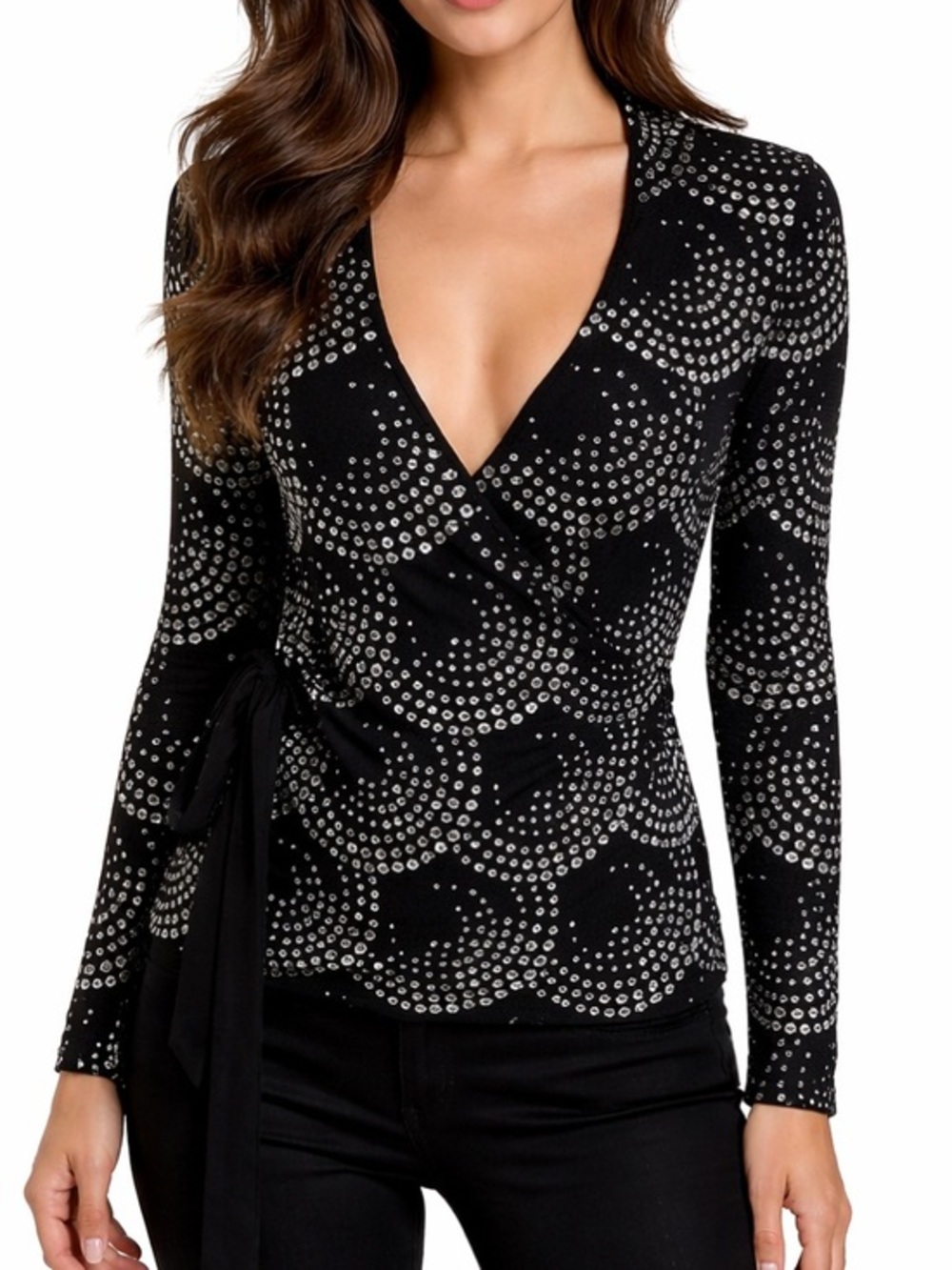 DVF Diane von Furstenberg Rhinestone Wrap Sweater Petite Black Wool Tie evening